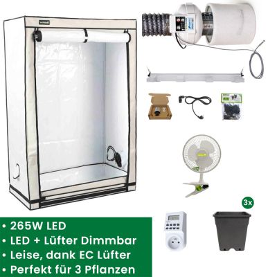 Homebox Ambient R120S Growset mit Sanlight 265W LED Set & Prima Klima EC-Lüfter